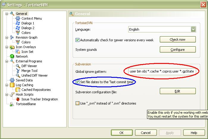 Screenshot for Global SVN Ignore Patterns und Zeitstempel-Optionen