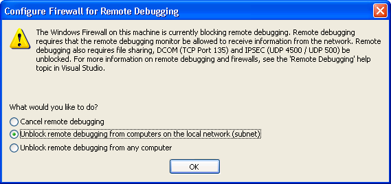 Screenshot for Remote Debugging mit Visual Studio