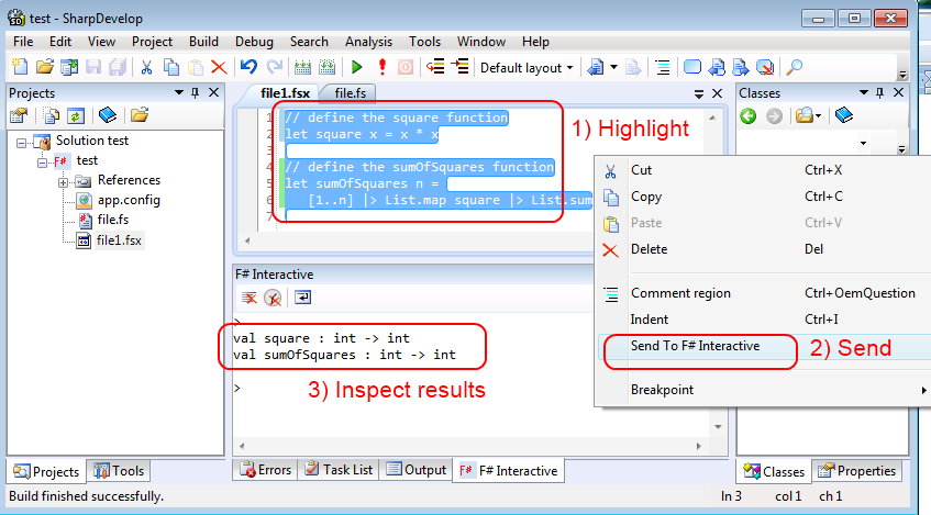 Screenshot for SharpDevelop, F#, missing “Send to F# Interactive” context menu