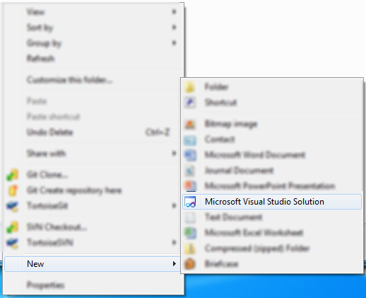 Screenshot for Explorer context menu to create a blank Visual Studio solution