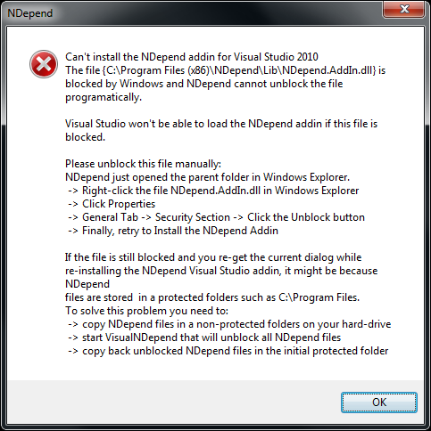 Screenshot for Installation experiences with NDepend under Win7/64 with restricted user permissions