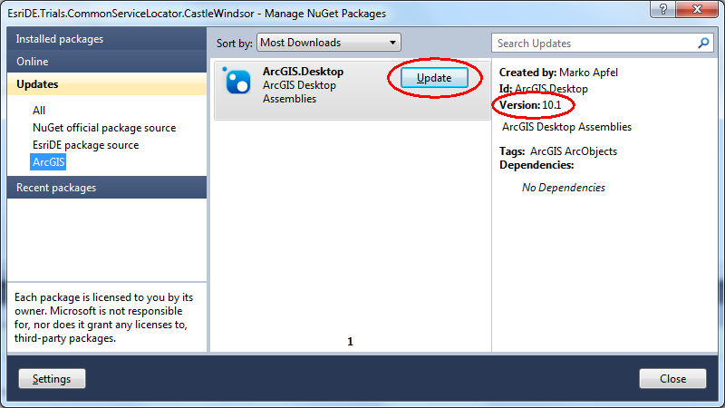 Screenshot for NuGet-Package-Management mit ArcObjects
