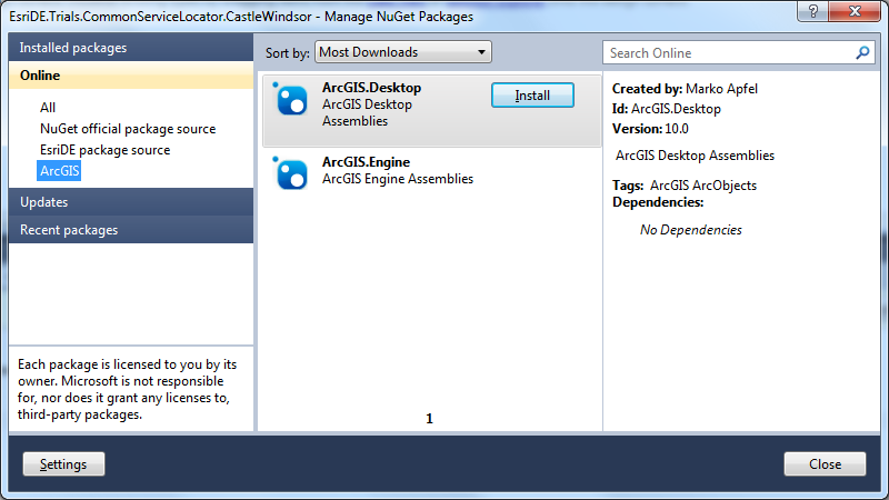 Screenshot for NuGet-Package-Management mit ArcObjects