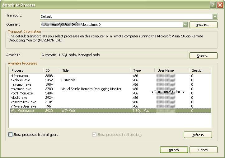 Screenshot for Remote Debugging mit Visual Studio