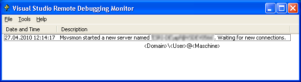 Screenshot for Remote Debugging mit Visual Studio